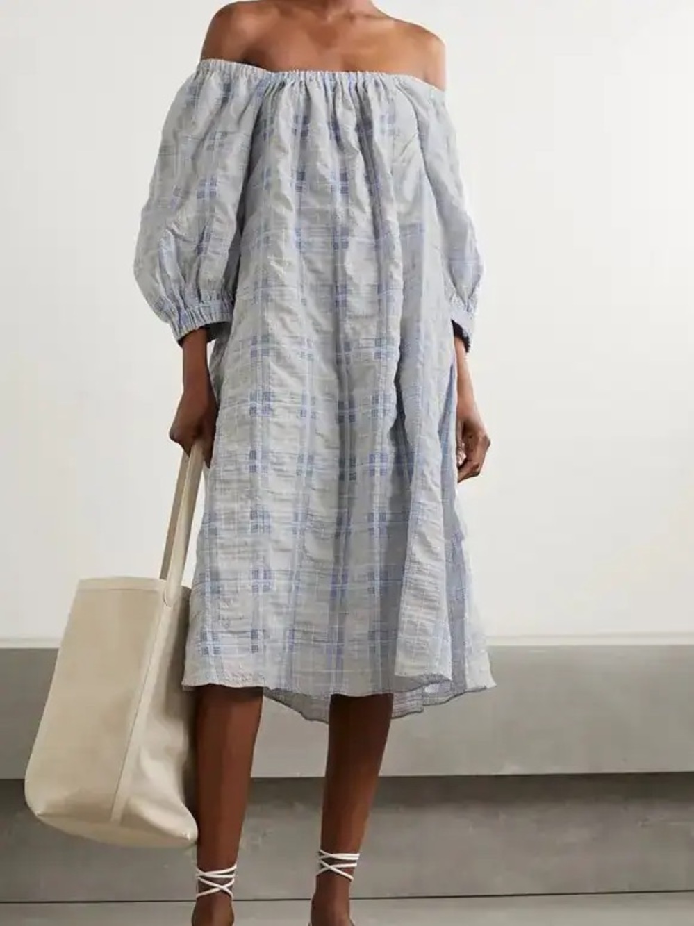 Remain Birger Christensen Lea off-the-shoulder checked seersucker midi dress, 2
